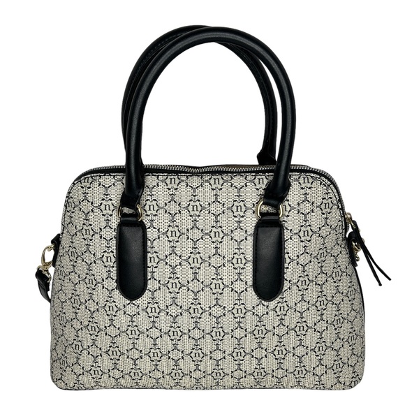 Nanette Lepore Gray Black Logo Print Zip Top Dome Satchel Crossbody Bag - Picture 4 of 13